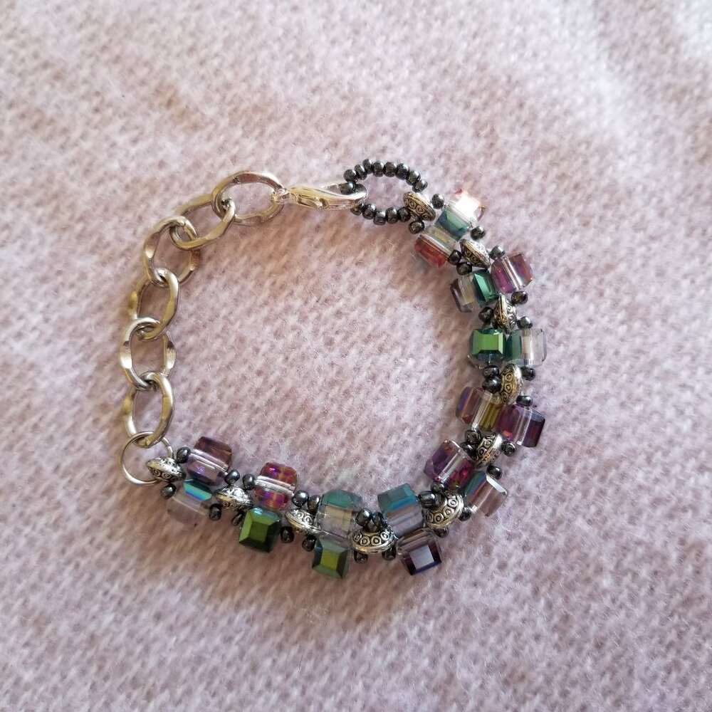 New handmade woven crystal bracelet with iridescent crystal cube beads
